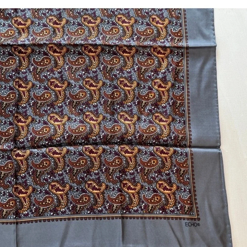 Echo Vintage Paisley Silk Chinon Scarf Gray Gold Hand Rolled 24 Inch Square
